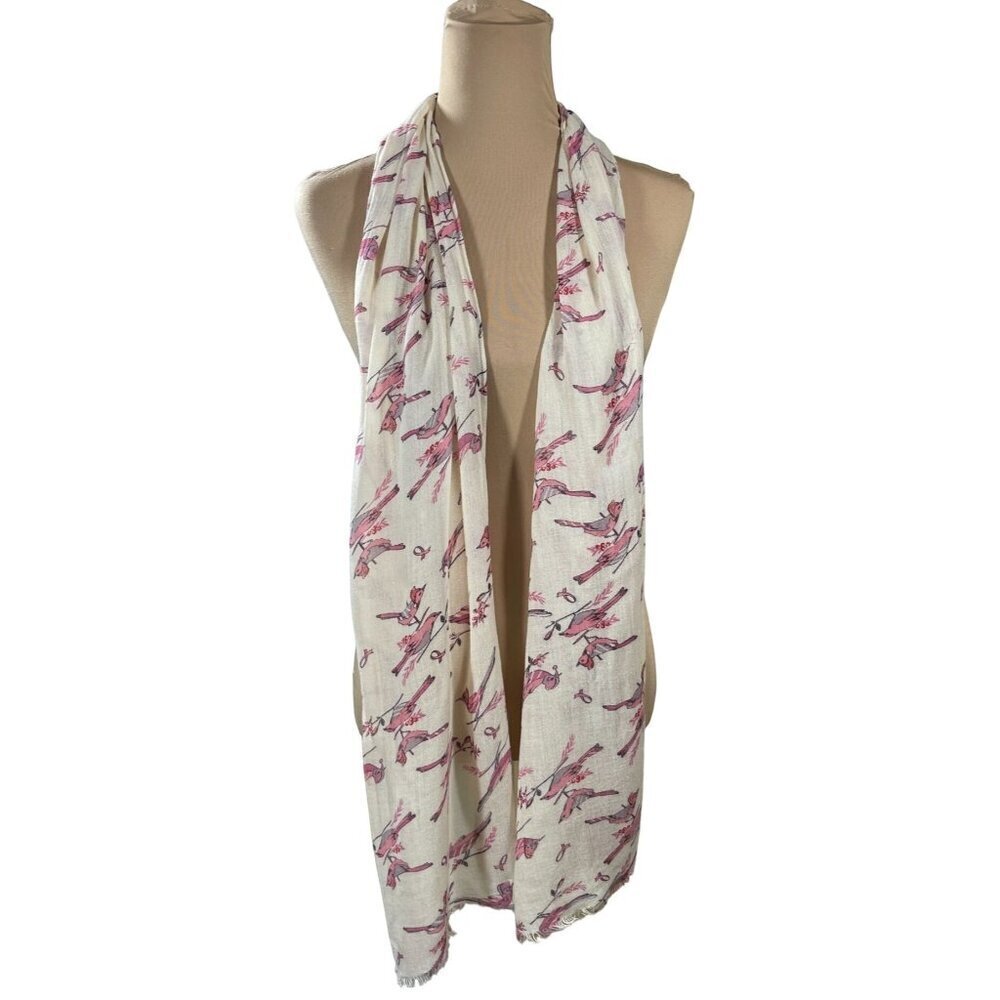 Lauren Conrad Lightweight Scarf Pink Cream Birds Fringe One Size